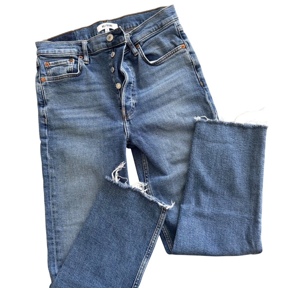 RE/DONE High Rise‎ Stove Pipe Jeans Blue Raw Hem Button Fly Modern Minimalist 28